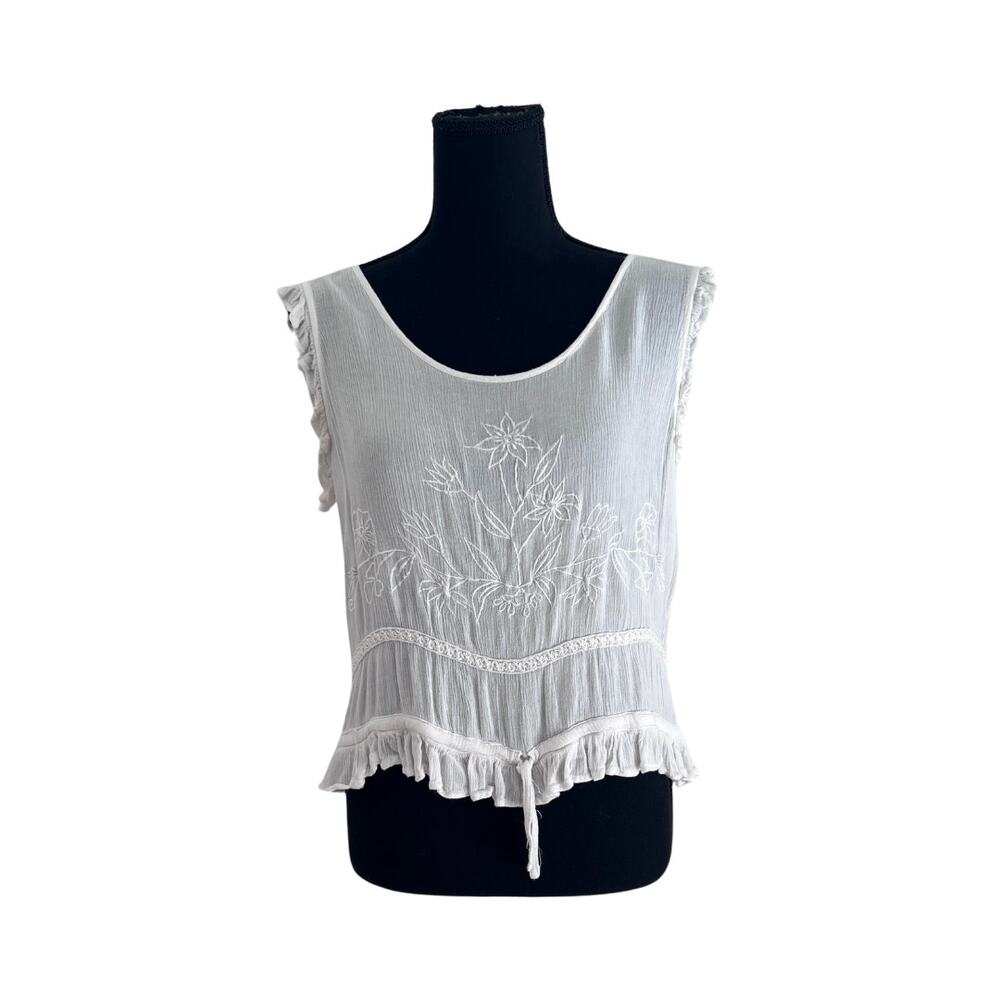 White Capped Sleeve Embroidered Lightweight Top Blouse - Small